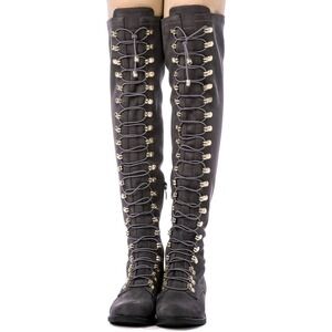 Globalwin Grey Faux Suede Lace Up Over The Knee Boots 18YY26-4 Womens 5.5 NEW